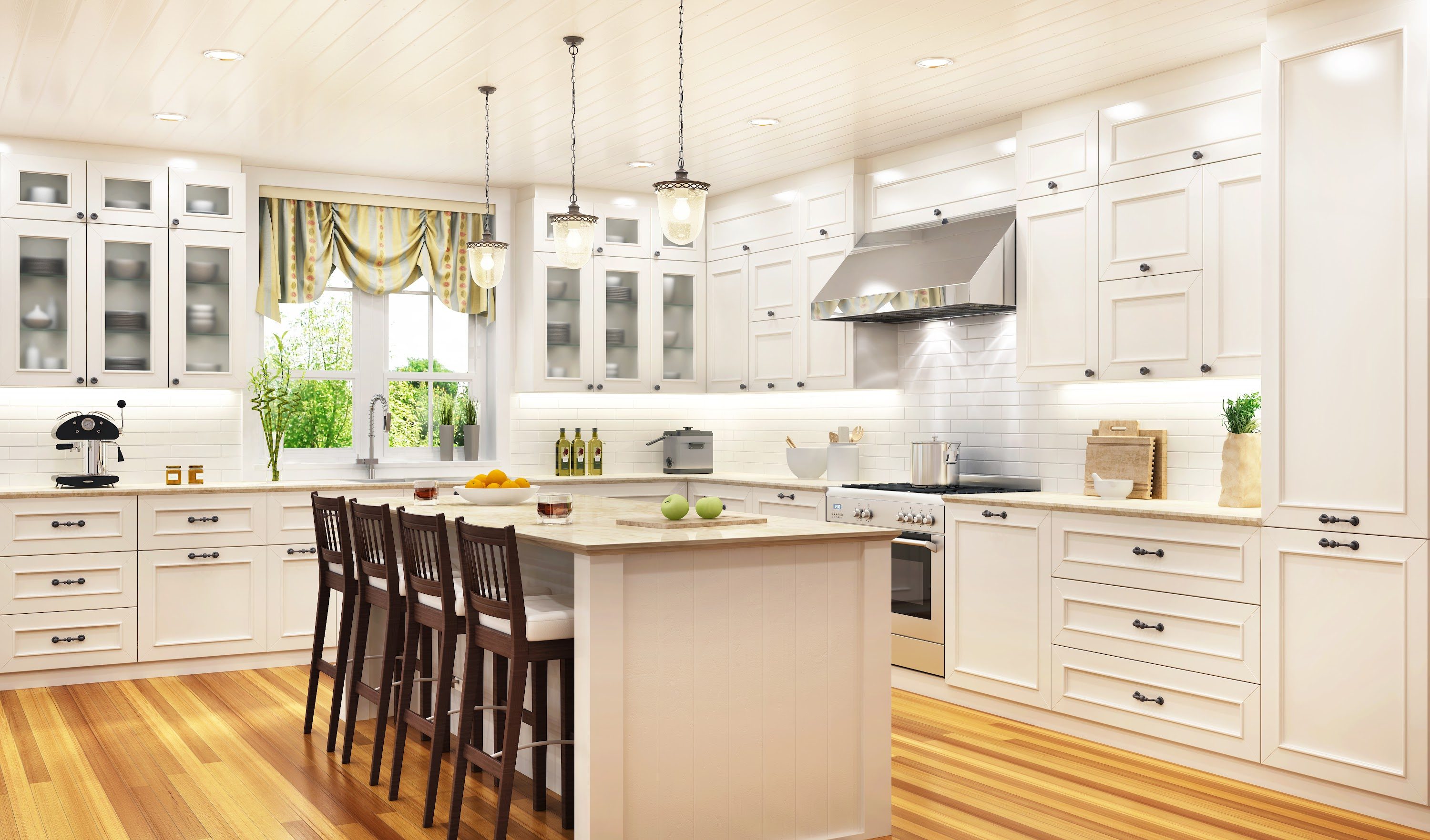 Well lit kitchen with pendant lights, recessed lighting, task lighting