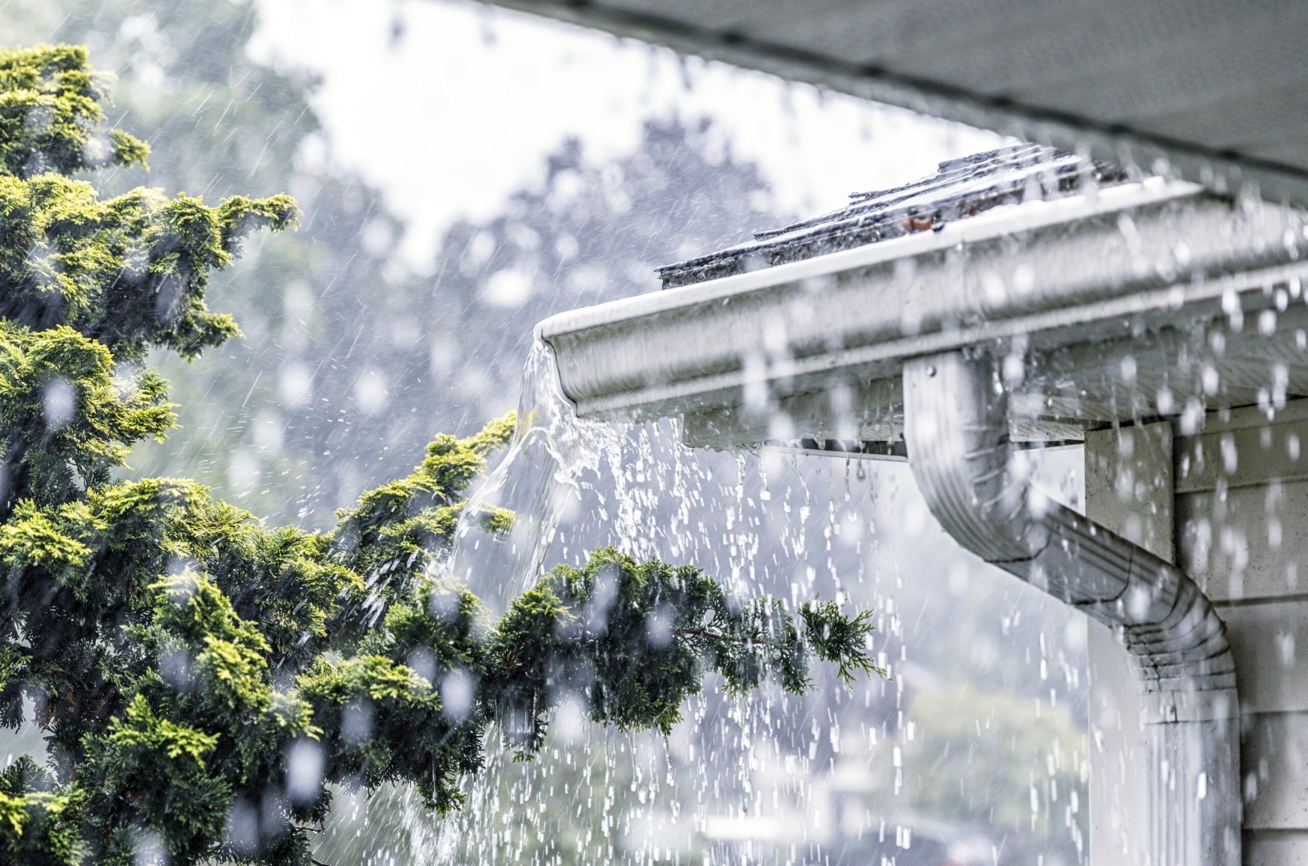 Drenching downpour rain with storm water overflowing off a roof